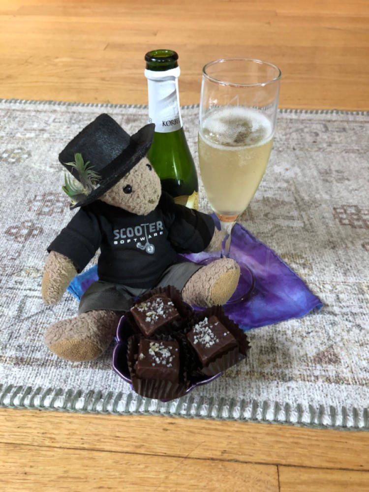 Chuckie ringing in the new year with bubbly and chocolates.